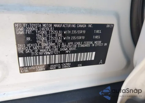 2021 Toyota Rav4 Xle Premium из США, поврежденный, VIN 2T3C1RFV9MW171221